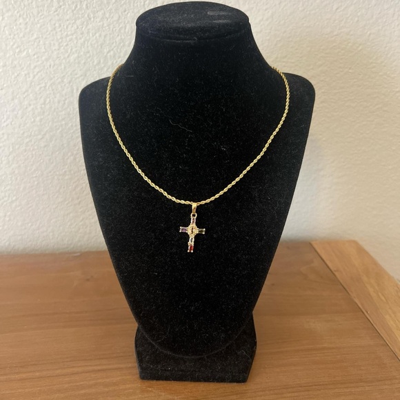 Gold Sparkly Multi-Colored Cubic Zirconium Cross Rope Necklace✝️ - Picture 2 of 5
